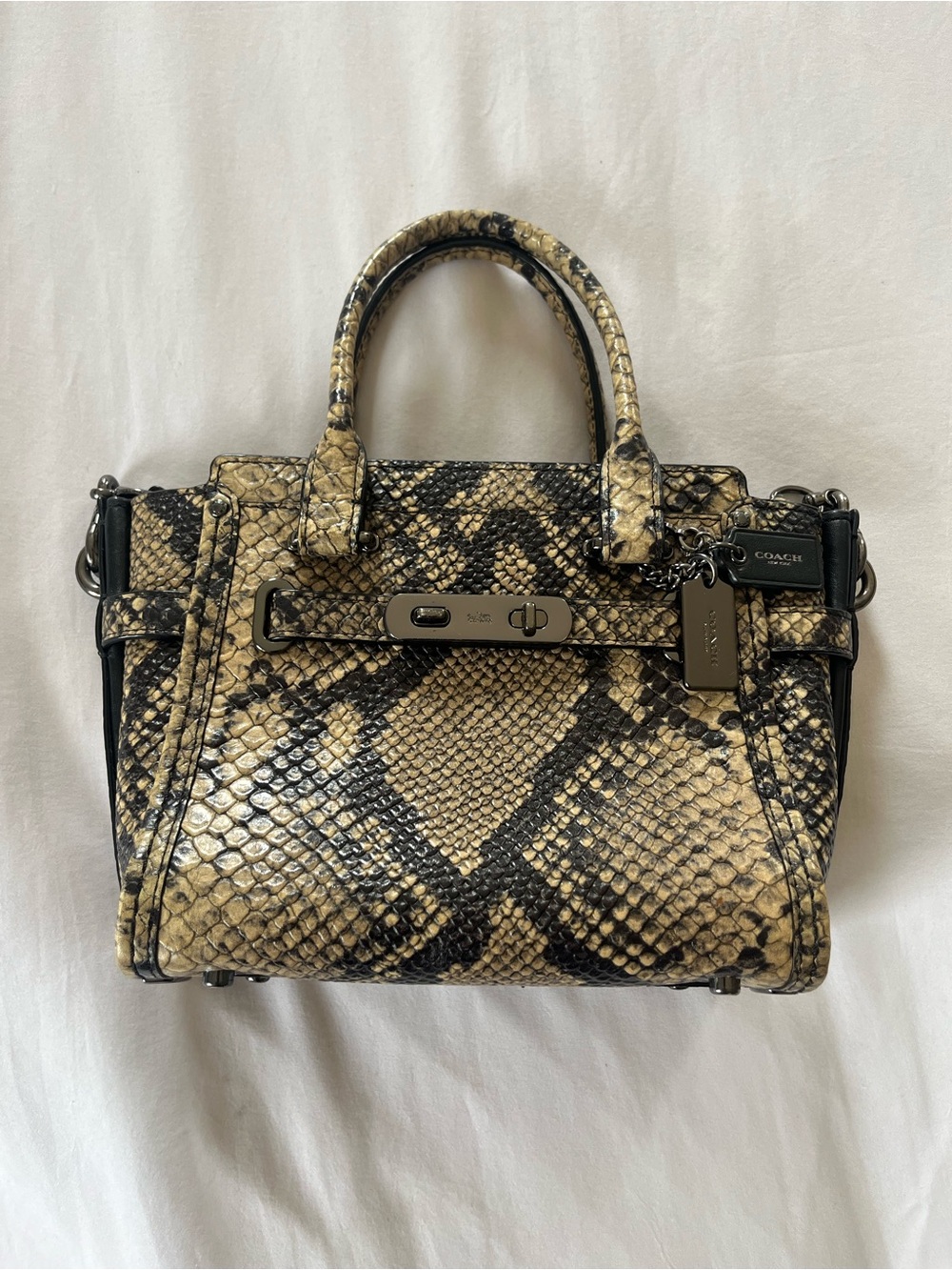 Coach Snake-Print Leather Satchel - Beige and Black